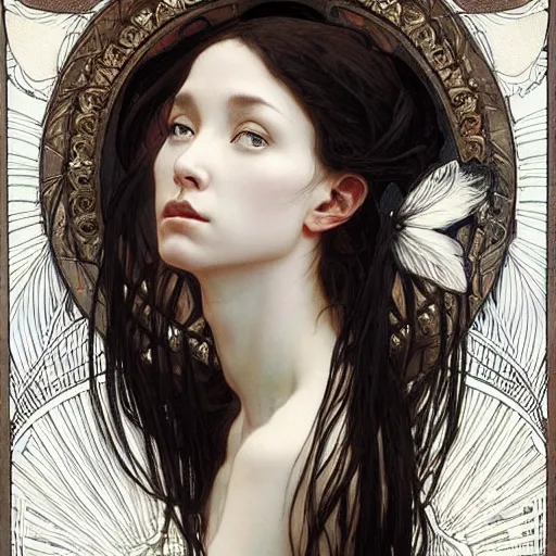 Image similar to A portrait of A beautiful!! angel in black flame by Ross Tran!!! and alphonse mucha and greg rutkowski! and gustav doré! and Zdzisław Beksiński!,In style of digital art illustration.Symmetry.Highly detailed face.Fantasy,smooth,hyper detailed,sharp focus,Soft light.trending on artstation.