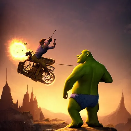 Prompt: shrek fighting against muscular senator armstrong on a helipad, metal gear, radiating a glowing aura global illumination ray tracing hdr fanart arstation, intricate, highly detailed, digital painting, artstation, concept art, character art, smooth, sharp focus, illustration, art by artgerm and greg rutkowski and alphonse mucha