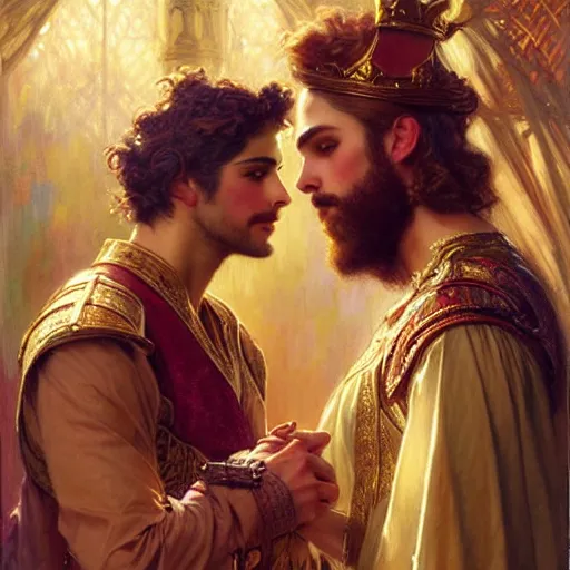 Image similar to attractive fully clothed king confesses his love for his attractive fully clothed male prince. highly detailed painting by gaston bussiere, tom bagshaw, j. c. leyendecker