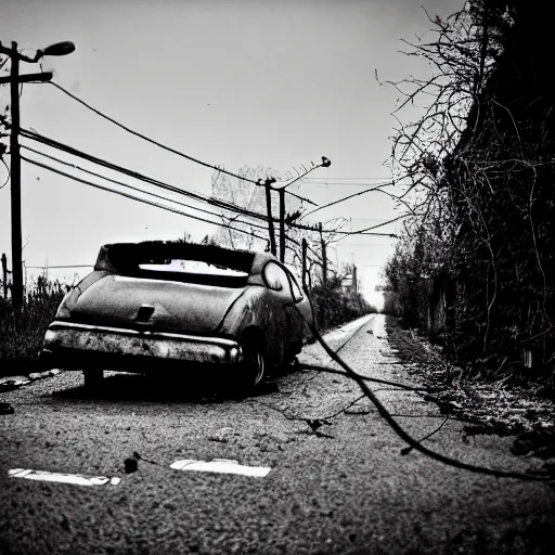 Image similar to an abandoned car in the middle of the street, dark smoke in the background, filthy streets, broken cars. Vines growing. Jpeg artifacts. Trending on flickr. Full-color photo. Samyang/Rokinon Xeen 50mm T1.5