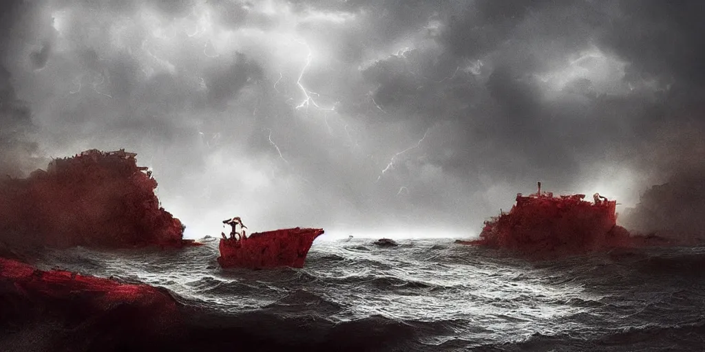 Image similar to “ a roman in a red tunic crawls from the ocean onto a rocky beach ” “ wreckage of a trireme in ocean ” “ stormy seas, lightning, fog, waves ” dark fantasy, cinematic, very detailed, mist, volumetric lighting, golden ratio, vivid, trending on artstation, 4 k matte painting,