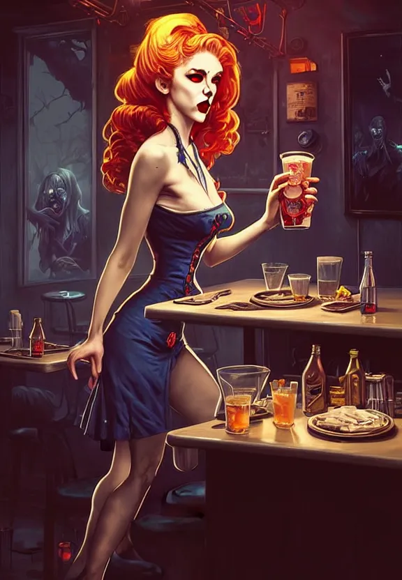 Image similar to Zombie waitress of a small 50’s style diner serving cold drinks, fantasy magic, zombie, dark pin-up style hair, dark light night, intricate, elegant, sharp focus, illustration, highly detailed, digital painting, concept art, matte, art by WLOP and Artgerm and Greg Rutkowski and Alphonse Mucha, masterpiece