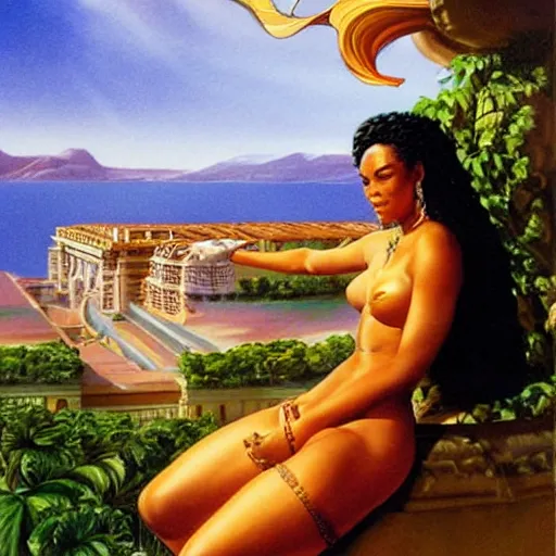 Image similar to a fijian queen looks down on her city from the palace balcony, fantasy art by boris vallejo