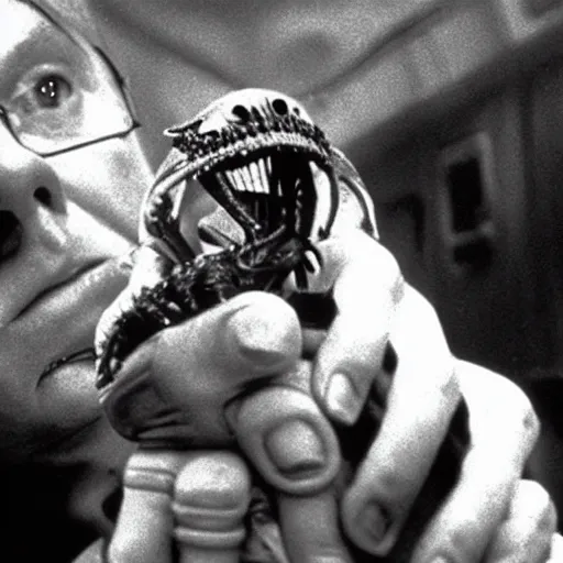 Image similar to cinematic still of sir david attenborough holding a xenomorph larva in awe in 1 9 7 9 movie alien, hd, 4 k