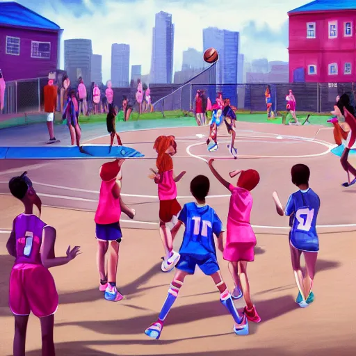 Image similar to tall woman wearing a blue jacket and pink shorts playing basketball against a group of kindergarteners, complete detailed body, city in background, moody atmosphere, digital art, highly detailed, high contrast, beautiful lighting, award winning, trending on art station, photorealistic, 8 k,