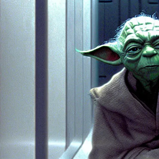 Image similar to master yoda too short to use the urinal in the bathroom of the death star, movie scene from a star wars movie 1 9 9 9