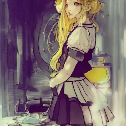 Prompt: A girl in a maid's outfit in a cafe a afternoon, wavy hair yellow theme,S line,45 angel by krenz cushart and mucha and akihito yoshida and greg rutkowski ,nier:automata inspired-H764