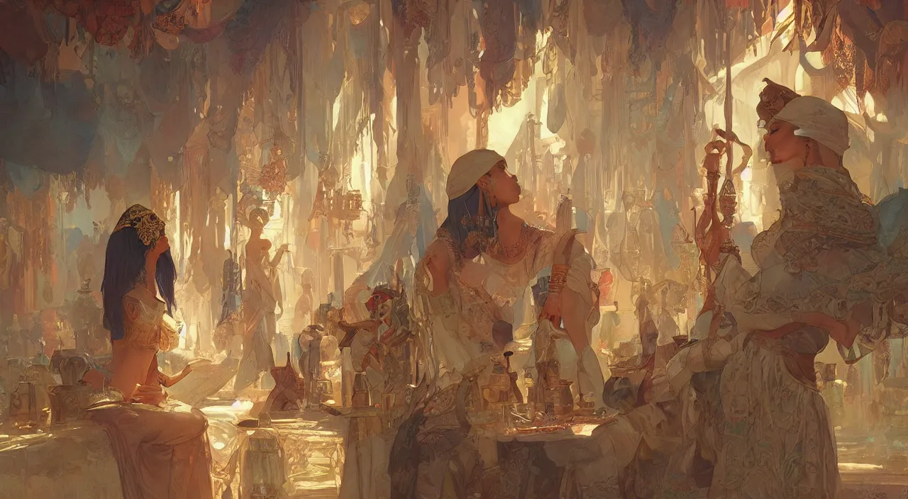 Prompt: bazaar zouk old egypt sky shine digital painting, artstation, concept art, illustration, cinematic lighting, art by artgerm and greg rutkowski and alphonse mucha