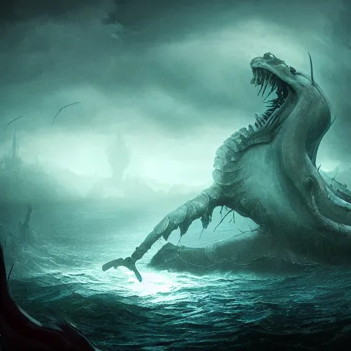 Prompt: Scary sea monster, ominous photo, mystery, horror, by Guillermo del toro, trending on artstation, HDR, 8k, fantasy art