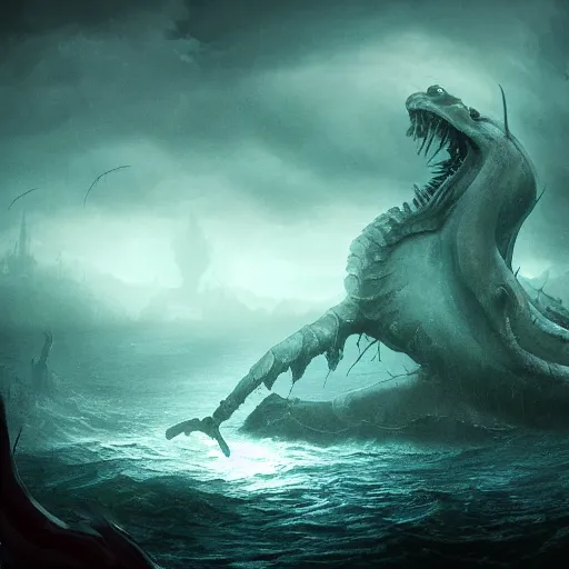 Scary sea monster, ominous photo, mystery, horror, by | Stable Diffusion