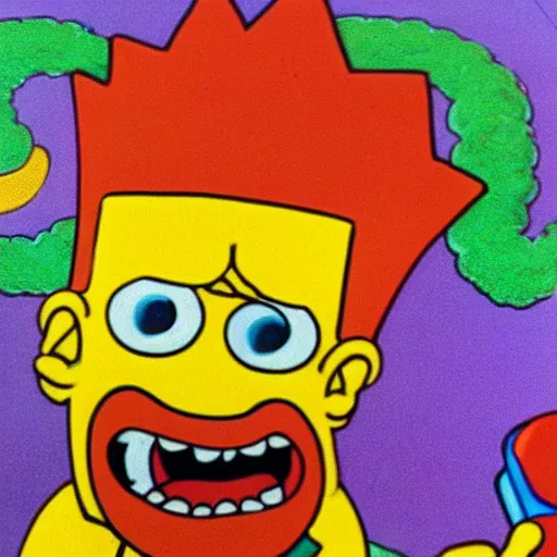 Prompt: “Bart Simpson as a real boy eating Fruit Loops”