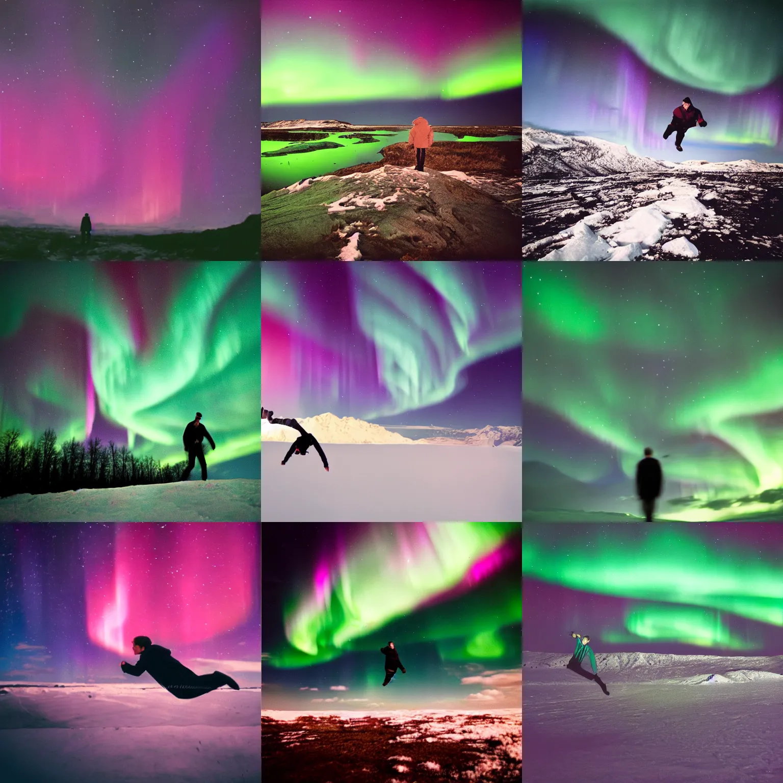 Prompt: man falling from the sky, northern lights, film still, cinematic lens, realistic