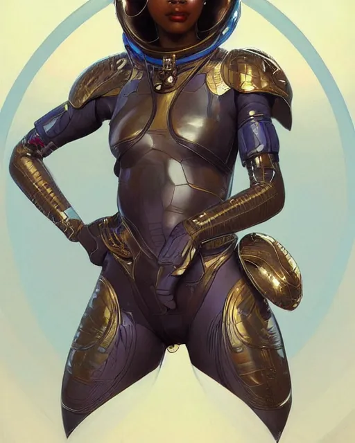 Image similar to full body Portrait of very beautiful african woman, spacesuit, holding her helmet, real life skin, intricate, elegant, highly detailed, artstation, concept art, smooth, sharp focus, art by artgerm and greg rutkowski and alphonse mucha