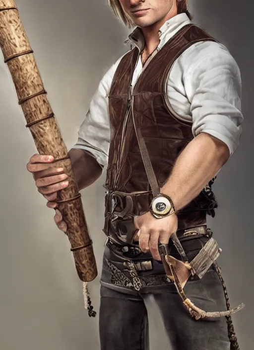 Image similar to a male ranger, dnd, wearing a leather vest and white linen pants, chiseled good looks, long swept back blond hair, puka shell necklace, with a bongo drum and nunchucks, digital art