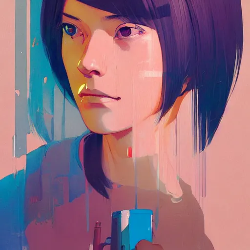 Image similar to Portrait of a cute woman, very coherent, painted by painted by James Gilleard, airbrush, art by JamesJean and fine details. Anime. realistic shaded lighting poster by Ilya Kuvshinov katsuhiro otomo ghost-in-the-shell, magali villeneuve, artgerm, Jeremy Lipkin and Michael Garmash and Rob Rey