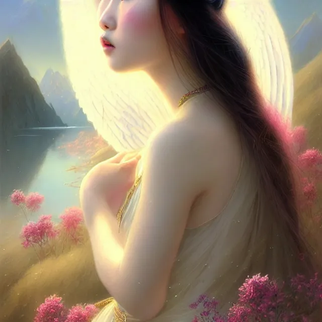 Prompt: beautiful cinematic portrait of an angelic mongolian princess in a sensual pose covered with flowers, sexy face with full makeup, atmospheric lighting, intricate, volumetric lighting, beautiful, sharp focus, ultra detailed, in the art style of bowater, charlie, brom, gerald, with lake baikal in the background, astrophotography