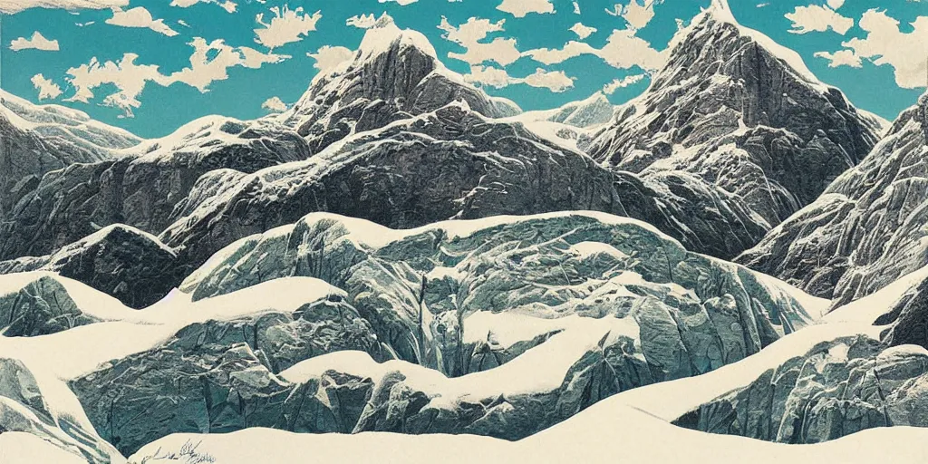 Prompt: beautiful idyllic poster illustration for a craggy barren icy snow valley national park by ludwig hohlwein