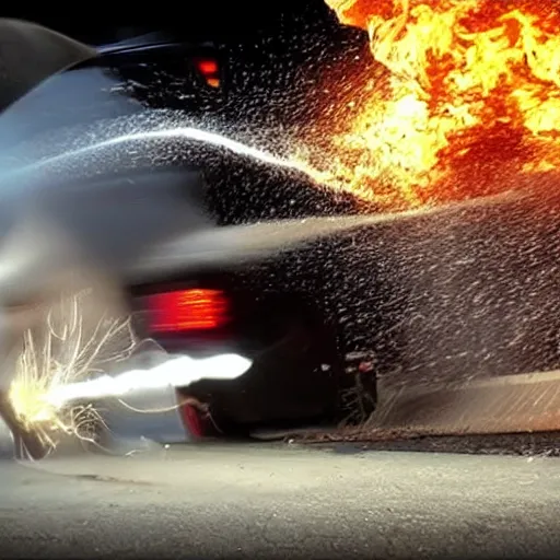 Prompt: a car engine exploding freeze frame slow motion