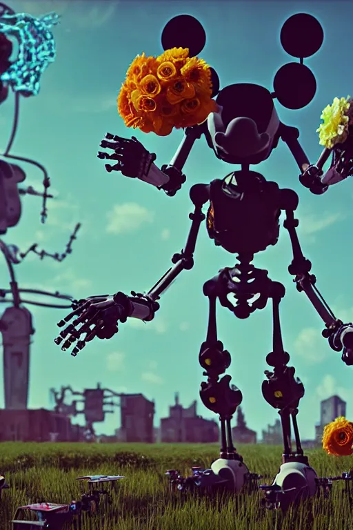 Image similar to a skeletal, mickey mouse made out of flowers and bones, walking with a robot, in the cyberpunk countryside, drones flying by beeple, nychos and arcimboldo, cinematic lighting, highly detailed octane render