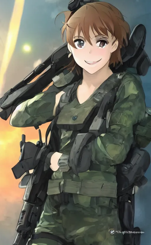 Image similar to smiling girl, left eye is closed, trading card front, future soldier clothing, future combat gear, realistic anatomy, concept art, professional, by ufotable anime studio, green screen, volumetric lights, stunning, military camp in the background, metal hard surfaces, focus on generate the face