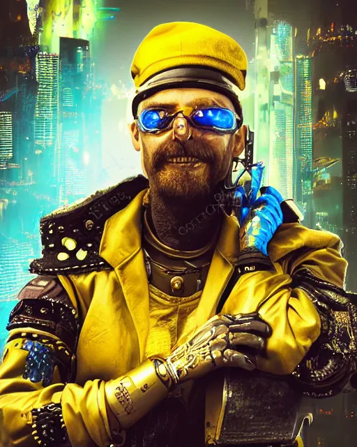 Prompt: an intimate portrait of a gnarly human cyberpunk captain, old skin, faded beret, charming, strong leader, metal eye piece, a look of cunning, big smile, detailed matte fantasy painting, golden cityscape, lasers, sparks, yellow and blue and cyan