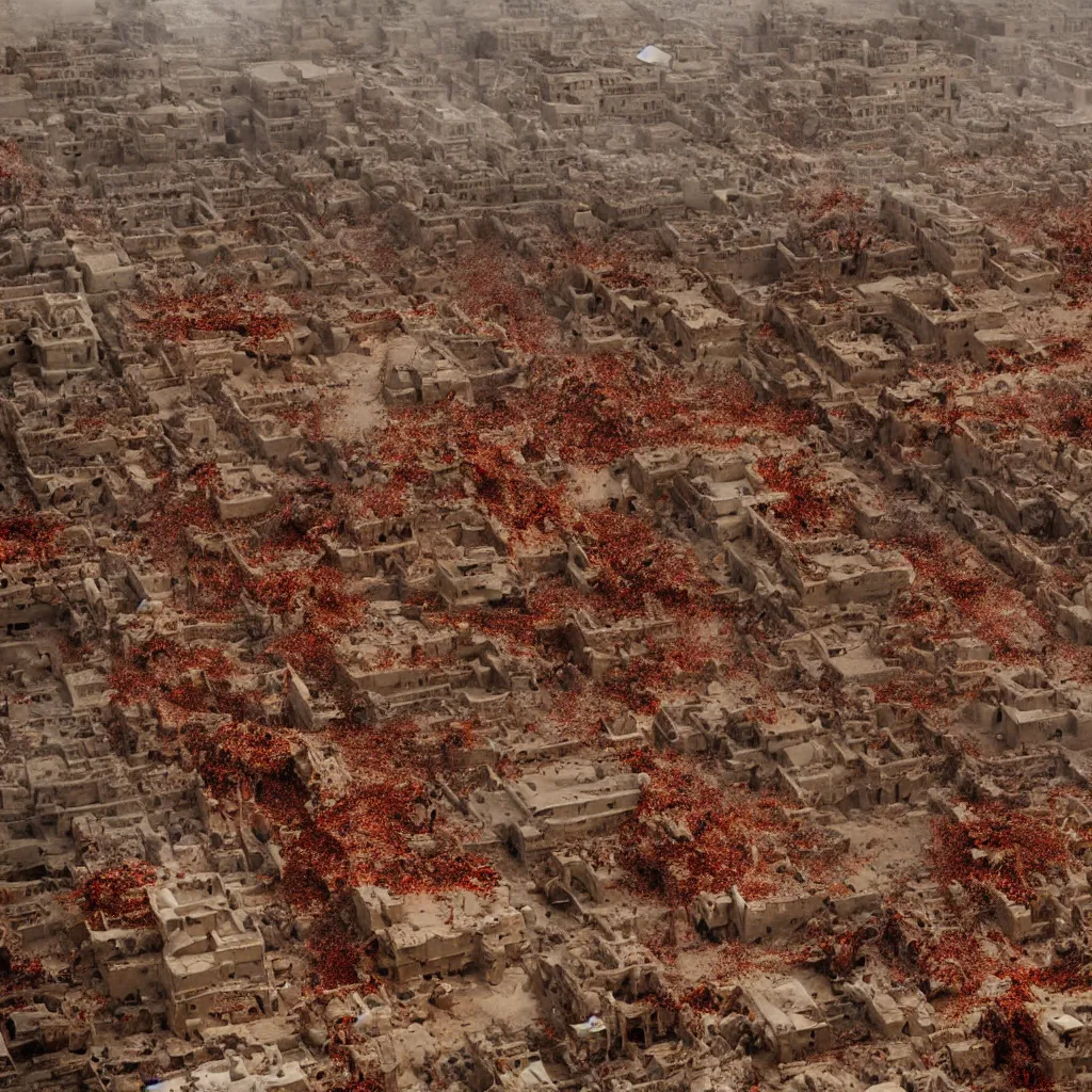 Prompt: Blood Tsunami and swarm of locusts engulfing a decadent ancient egyptian city, wrath of god, photography