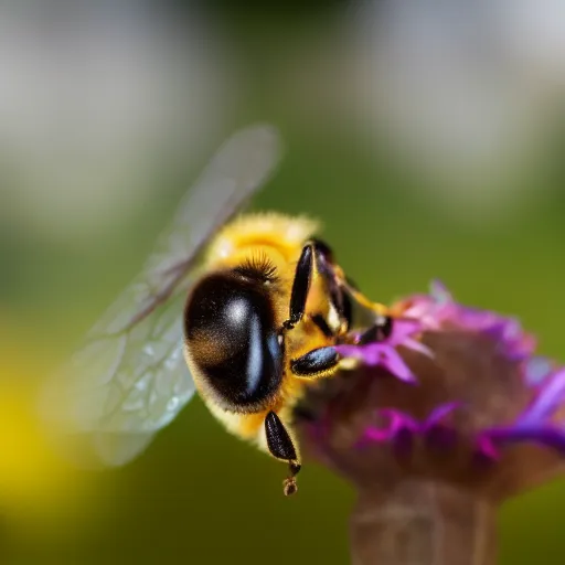 Prompt: macro photography of a bee landing on the dog's pollen covered nose. bokeh. contest winning photography. 8 k. hyper - realistic