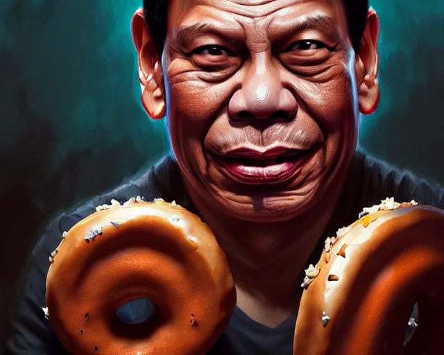 Image similar to rodrigo duterte face in a donut, detailed intricate illustration, dark atmosphere, detailed illustration, hd, 4 k, digital art, overdetailed art, by greg rutkowski, by loish, complementing colors, trending on artstation, deviantart