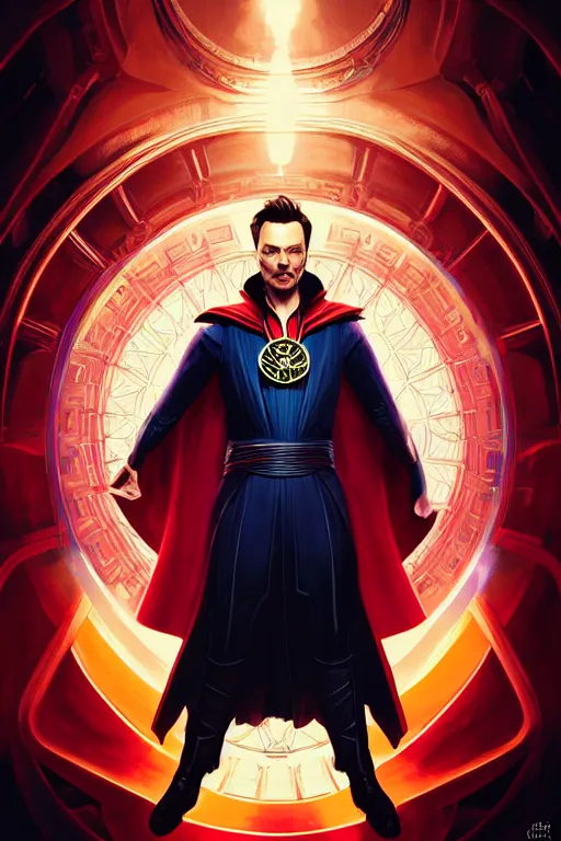 Image similar to elon musk as dr strange, realistic portrait, symmetrical, highly detailed, digital painting, artstation, concept art, smooth, sharp focus, illustration, cinematic lighting, art by artgerm and greg rutkowski and alphonse mucha