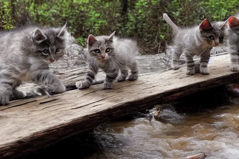 Prompt: kittens walking on a log bridge crossing a river