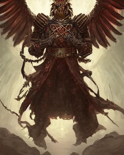 Image similar to Grinning Eagle, Anthropomorphized, as evil warlord general on skull throne, magic the gathering artwork, D&D, fantasy, cinematic lighting, centered, symmetrical, highly detailed, digital painting, artstation, concept art, smooth, sharp focus, illustration, volumetric lighting, epic Composition, 8k, art by Akihiko Yoshida and Greg Rutkowski and Craig Mullins, heroic pose, oil painting, cgsociety, Battlefield background, explosions, arrows