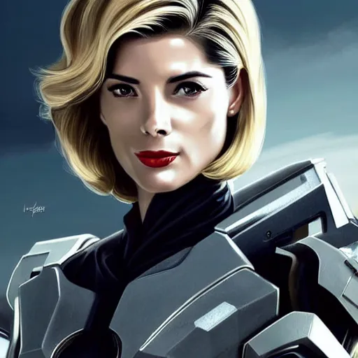 Image similar to A combination of Grace Kelly's and Ada Wong's and Ashley Greene's appearances with blonde hair wearing Forerunner armor from Halo, high tech, action shot, angular, full body portrait, futuristic, dramatic, fantasy, intricate, elegant, highly detailed, artstation, matte, sharp focus, 8K, art by Artgerm and Greg Rutkowski and Alphonse Mucha