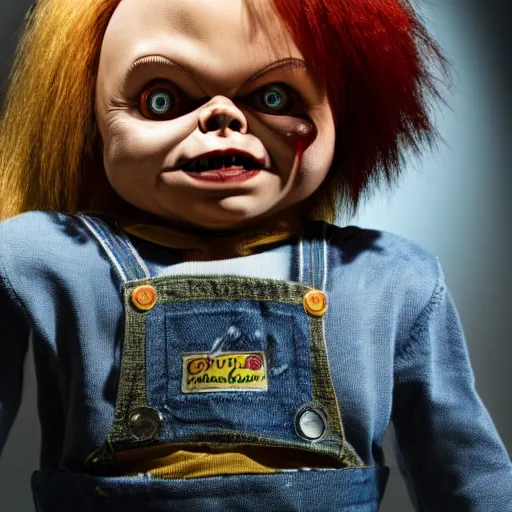 Prompt: Chucky the killer doll sitting in a dark closet with a little light shining in 8k hdr scary lighting
