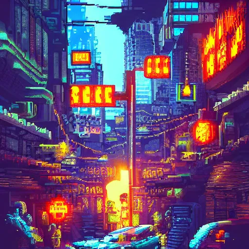 Image similar to fantastic lighting, pixel art, high detail , 16 bits, cyberpunk market, 2d