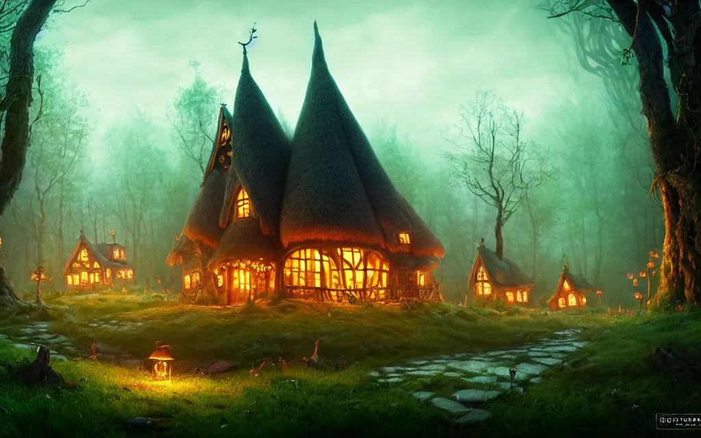 Image similar to gloomy fairytale forest with a singular witches cottage made of candy in the distance, visual novel key visual, award - winning digital art on pixiv, trending on artstation, cinematic lighting, dramatic lighting, epic cinematic, stunning and beautiful scenery - highly detailed, hyperrealistic, unreal engine 5, in the style of tim burton and guillermo del toro