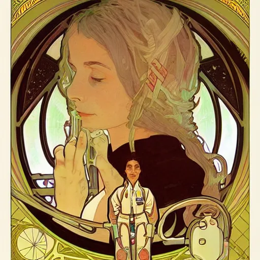 Prompt: Future scientists discover the cure on space station, elegant, intricate, beautiful, digital painting, artstation, concept art, smooth, sharp focus, by Alphonse Mucha and Shepard Fairey