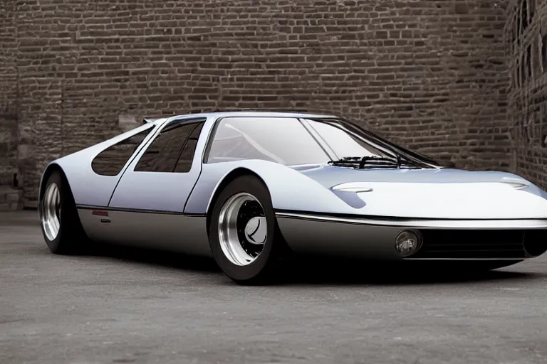 Image similar to designed by Giorgetto Giugiaro stylized poser of a single 1973 Miura Citroen DS, BMW M1, Mclaren F1, Delorean, neon lights, ektachrome photograph