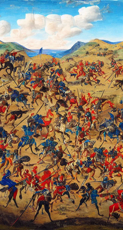 Image similar to colorful simple wideshot of a medieval battle in front of a beautiful large blue mountainscape, painting