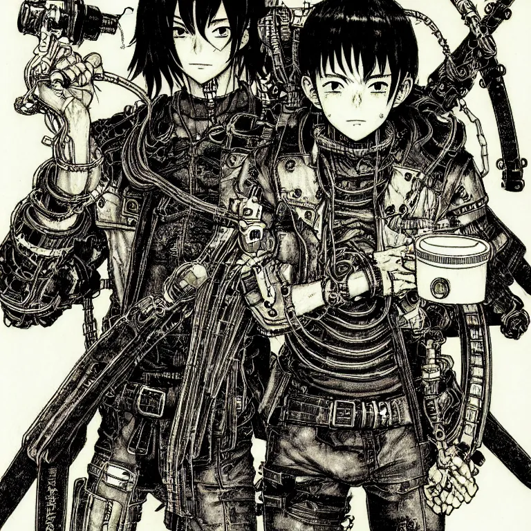 Image similar to cursed illustration of cyberpunk wired hunter, manga style of kentaro miura, by norman rockwell, weirdcore