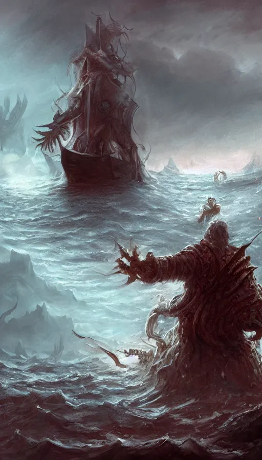 Prompt: man on boat crossing a body of water in hell with creatures in the water, sea of souls, by d & d concept artists