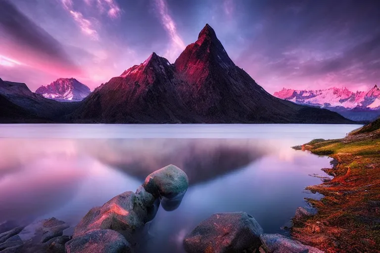 Image similar to amazing landscape photo of mountains with lake in sunset by marc adamus beautiful dramatic lighting