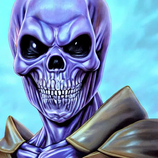 Image similar to ultra realistic portrait painting of skeletor, art by akira toriyama, 4 k, dragon ball artstyle, cel shaded, highly detailed, epic lighting