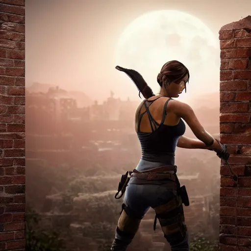 Image similar to a woman that looks similar to lara croft leaning against a brick wall. She is on the right side of the image, you can see the left side of her body. The scene is at night, lit by the moon. It feels like the scene is in some sort of super realistic virtual reality simulation. You can see the city behind her, everything feels like super advanced cgi graphics with ray tracing. Trending on artstation