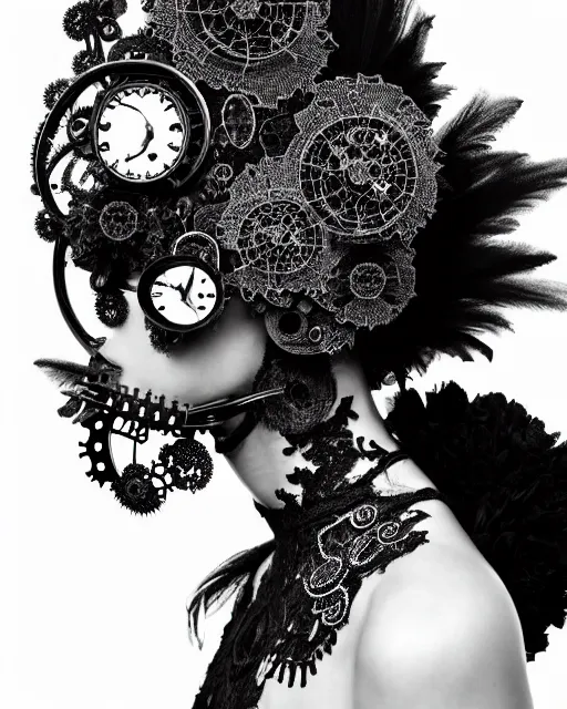 Image similar to surreal dark poetic black and white photo portrait of complex bio-mechanical beautiful young female vegetal-cyborg with a Mandelbrot fractal steampunk metal fine lace face, a very long neck and a fine metal floral foliage super big lace collar by Alexander McQueen:: smoke, high fashion, haute couture, rococo, steampunk, silver filigree details, anatomical, facial muscles, cable wires, microchip, elegant, dreamy, foggy atmosphere, hyper realistic, 150 mm lens, soft rim light, octane render, unreal engine, picture was taken in 1910 by Man Ray, volumetric lighting, dramatic light,8k,