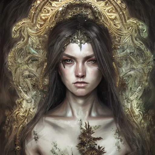 Image similar to character concept art portrait of fantasy female warrior, symmetrical face, beautiful face, shining eyes, crystals, covered in plants, realistic oil painting, baroque, renaissance painting, dramatic, cinematic light, trending on artstation, rule of thirds, highly detailed