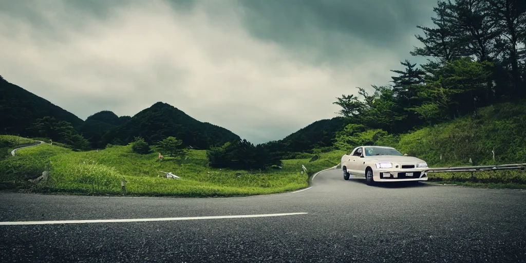 Prompt: Beautiful Photograph of a Nissan Silvia on a road in Japanese countryside, Night