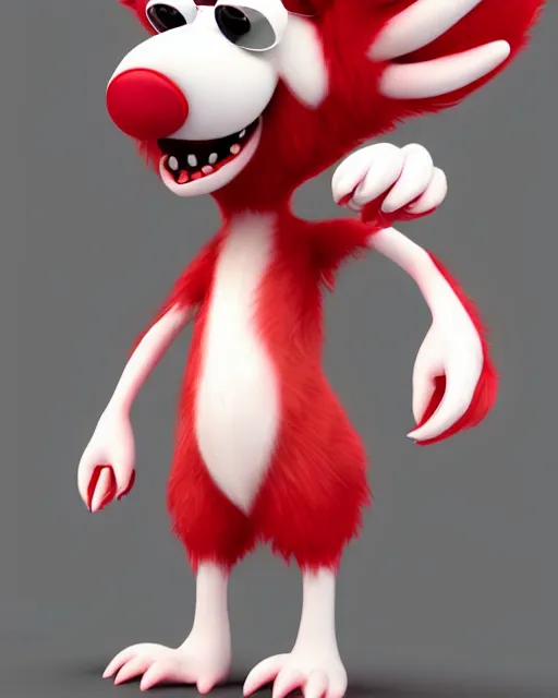 Image similar to 3 d render of completely red hairy friendly antropomorphic cartoony creature wearing white ray - ban shades, full body, simple, without nose, smiling, cute, white background, unreal engine 5 hdr