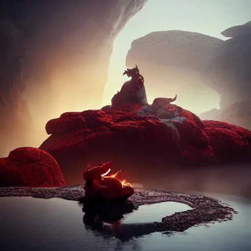 Image similar to Infiniti pool sitting in hell. intricate artwork by artstation. halo. octane render, cinematic, hyper realism, octane render, 8k, bokeh, demonic, dark, devil, demons, mist, red illuminating fog, rocks, hell. scheme.