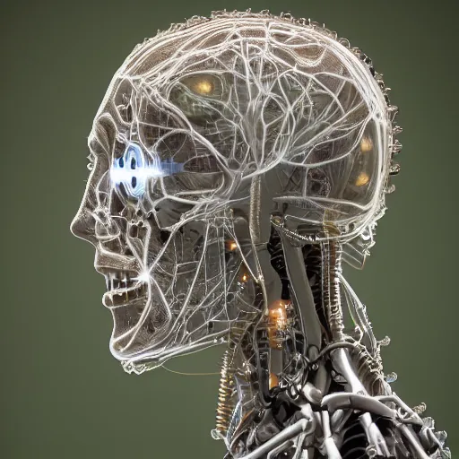 Image similar to very detailed portrait 55mm photo of a mechanical head without skin, with crystal bones and optic fiber nerves, gears in his head and cybernetic enhancements. Has cameras for eyes. In the forest with bokeh. Ray tracing and tessellation. Very sharp high detailed 8k image