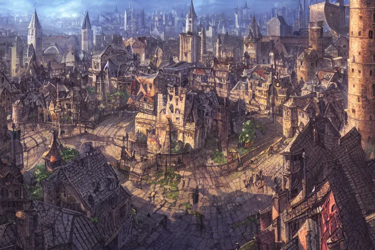 Image similar to middle ages city landscape, beautiful, artstation trending, deviantart, highly detailed, focus, smooth, by hirohiko araki, yoshitaka amano